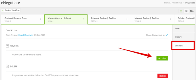 Archive workflow cards under the Controls menu