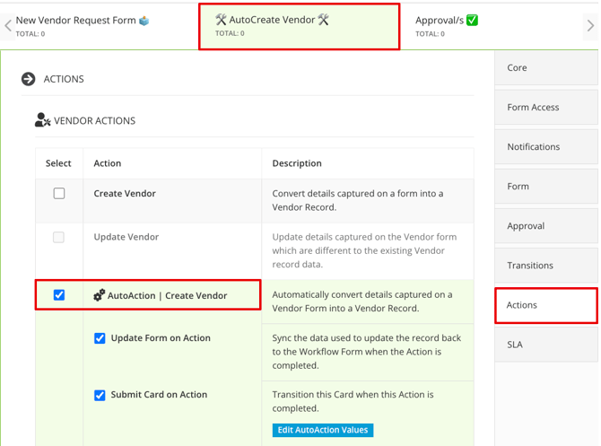 autoaction create vendor