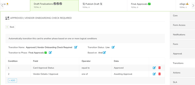 conditional transition for vendors awaiting approval