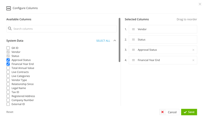 config columns modal