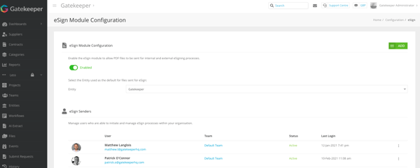 eSign Entity Configuration Screen