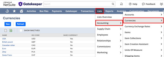 netsuite currencies