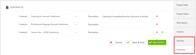 project associated vendors and contracts