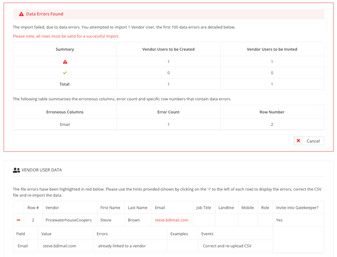 vendor user import error