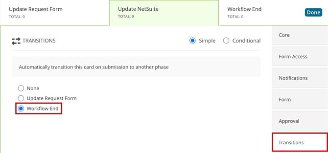 workflow end transition
