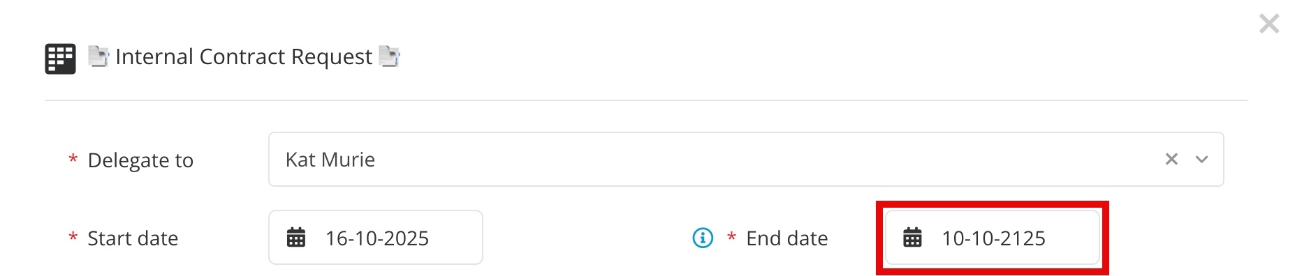 Example of setting a far future end date to delegate a workflow indefinitely