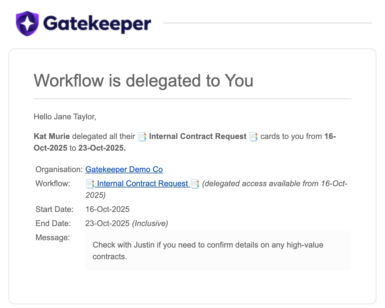 Example of the workflow delegation notification email