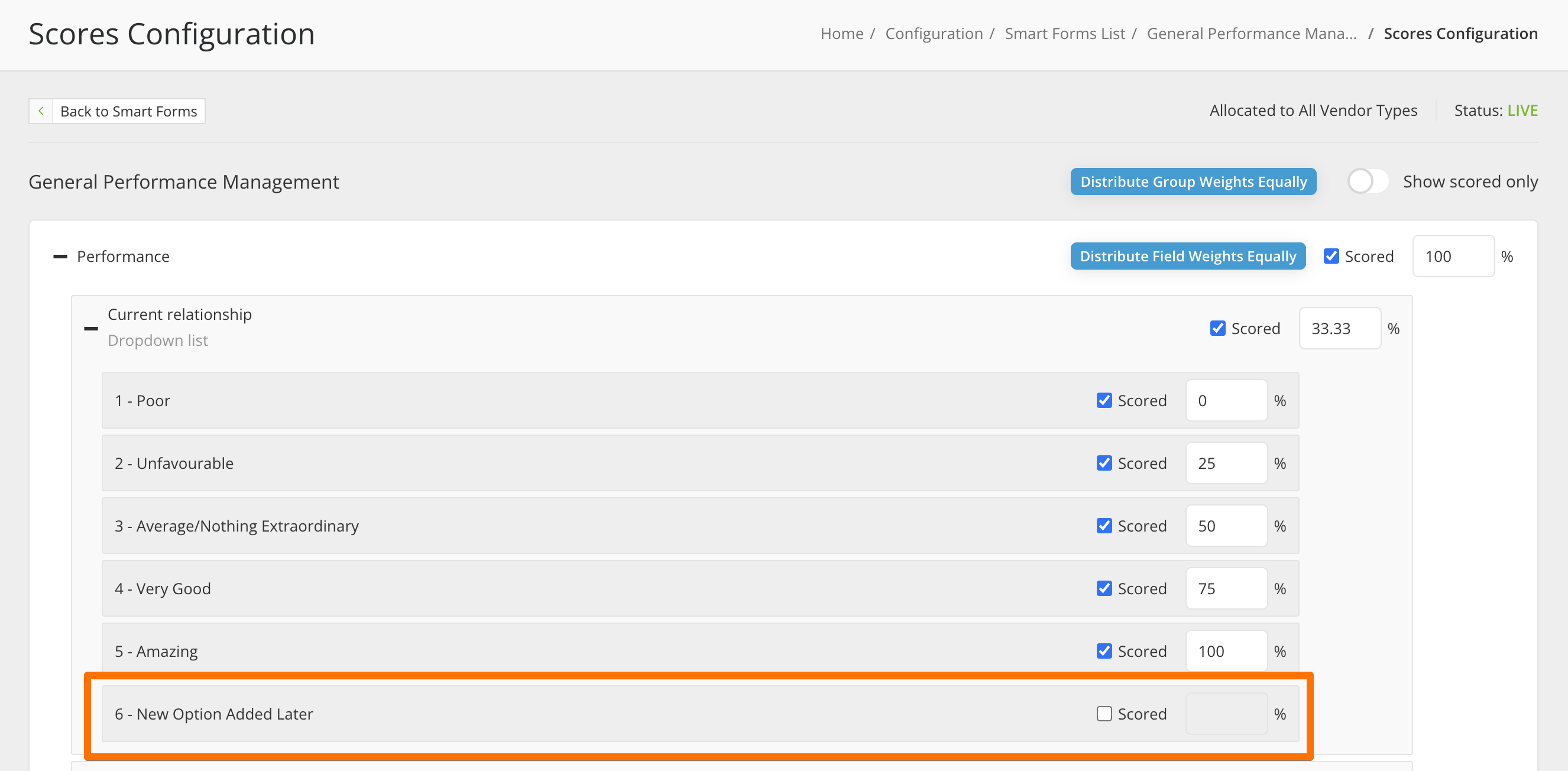 Configure Weights view with the Scored checkbox selected